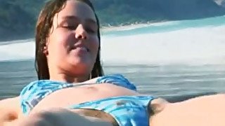 Skinny white college girlfriend on the beach topless