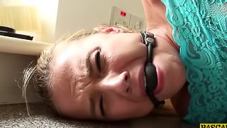Gagged cutie fucked in her slutty mouth and tight pussy
