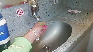 Travelling girl removing and inserting her period cup and peeing on airplane 