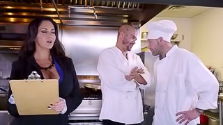 Horny chef pounds his dick into a huge tits milf in the kitchen