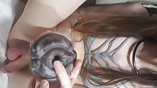 Trans girl in dark lipstick fucks her Bad Dragon fleshlight & cums