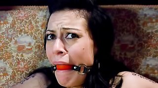 Stretched and bound brunette gets tortured with flog and clamps by her hubby and blonde mistress