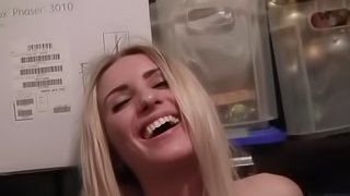 A blonde slut is with two dudes and she is getting fucked for cash