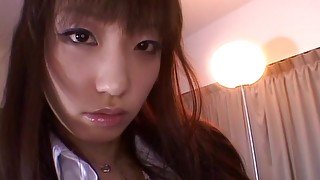 Closeup POV video of China Yuki sucking a dick and eating cum