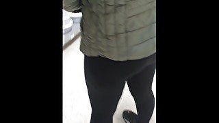 Step mom no panties under leggings in supermarket before fuck step son