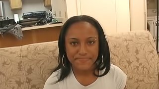 Ebony teen with sexy black butt and big natural tits gives interracial POV BJ