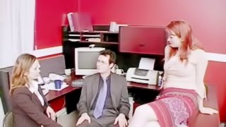 Office CFNM threesome with two coworkers sucking his cock