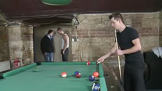 A queer lies down on a pool table to get his bumhole fucked