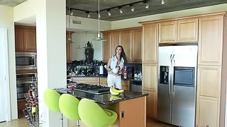 Amazing huge-titted Holly Michaels getting banged in the kitchen