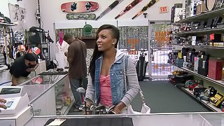 Nice ass ebony doll in a thong has her bald cunt ravished in public