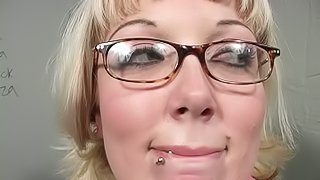 Sexy teen with glasses gets cum in her mouth at the gloryhole