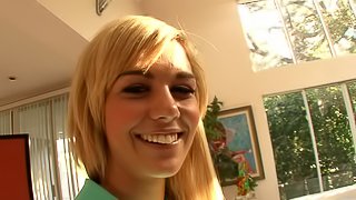 Mesmerizing blonde with natural tits giving out superb blowjob in closeup shoot