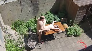 Voyeurs filming teen bitch fucking with old janitors on the terrace