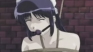 Japanese anime slut gets cunt fingered while bound with multiple ropes