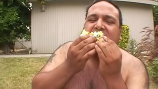 Gross fat guy eats food as he fucks a skinny cutie