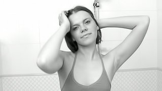 Erotic Solo Black and White Video with Short-Haired Brunette in Shower