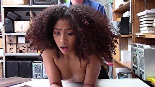 Curly haired ebony babe meets a white dick to suit her needs