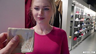 Sexy blonde girlfriend takes money and gets fucked in the public