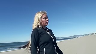 Playing with big tits at the beach and fucking her hole at home