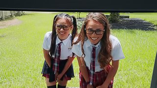 Two cute schoolgirls Mackenzie Mace and Lulu Chu share a huge dick