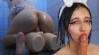 Wet and Messy Girl With Big Ass Ride Dick And Suck Dildo In A Shower - CyberlyCrush