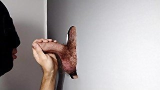Boy with curved hairy cock, with lots of cum comes to gloryhole to be milked
