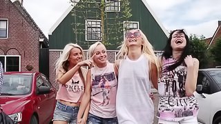 Public flashing gets four friends so hot that they fuck on a boat