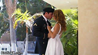 Beautiful lady gives a blowjob to her man in marine corps uniform