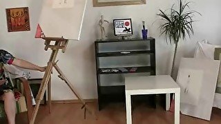 Mature paintress rides his young cock