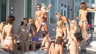 Bikini party girls get laid in a group scene