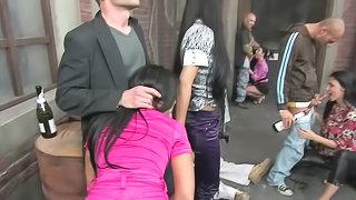 Six Gorgeous Drunk Sluts Suck Big Cocks In an Alley