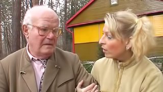 A sexy chick sucks then then rides this lucky older guy