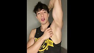 Fitness boy, smelling her armpits