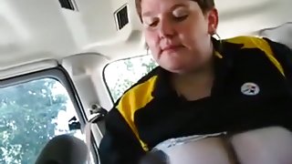 Fat white milf sucks her black bf's cock in the car and swallows