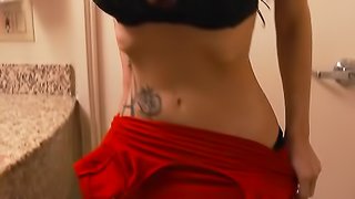 Busty chick in red dress spreads her pussy for a meat stick.
