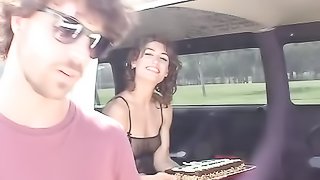 Horny woman inside of a van had a cute and hairy surprise