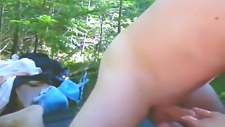 Chubby dutch slut has a threesome with 2 friends in the forest