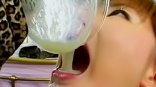Hardcore blonde is swallowing cocktail from cum