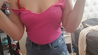 Short thicc teen strips out of tank and booty shorts