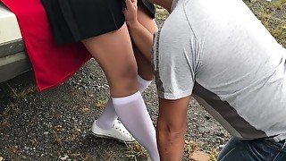 Schoolgirl slave blowjob misstress in white knee socks femdome