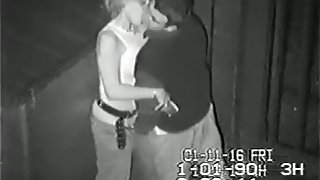 Security cam tapes a partyslut having a threesome behind the club