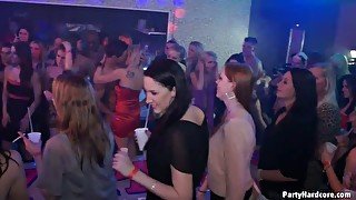 Wondrous clubbing nymphos seduce strippers to suck their shlongs for cum