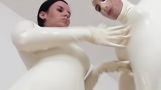 Sizzling hot lezbos in tight, white latex 69 and become quite frisky.
