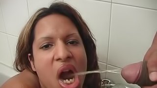 Thundy sucks a big cock and lets the guy pee in her mouth