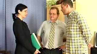 Gangbang for the new secretary with three facials on her glasses