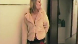 Blonde girl comes home from work and relaxes with a blowjob