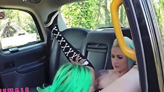 Female Fake Taxi Dildo makes hot lesbian tattooed babe squirt