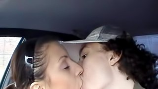 Enchanting Russian teen with long hair getting facial cumshot in the car