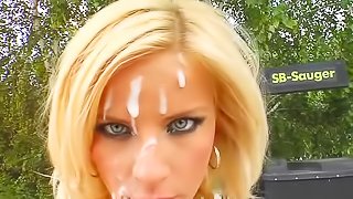 Blonde with big tits gets cum on her face