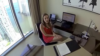 Brown-haired chick blows and gets fucked doggystyle in an office